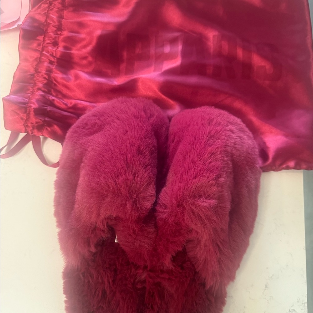 Apparis Fuchsia Satin and Faux Fur Slippers